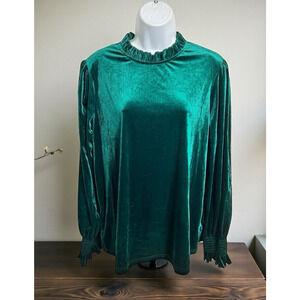 Shein Dark Green Velvet Like Victorian Blouse Sz XL Long-Sleeve Ruffle Mock Neck